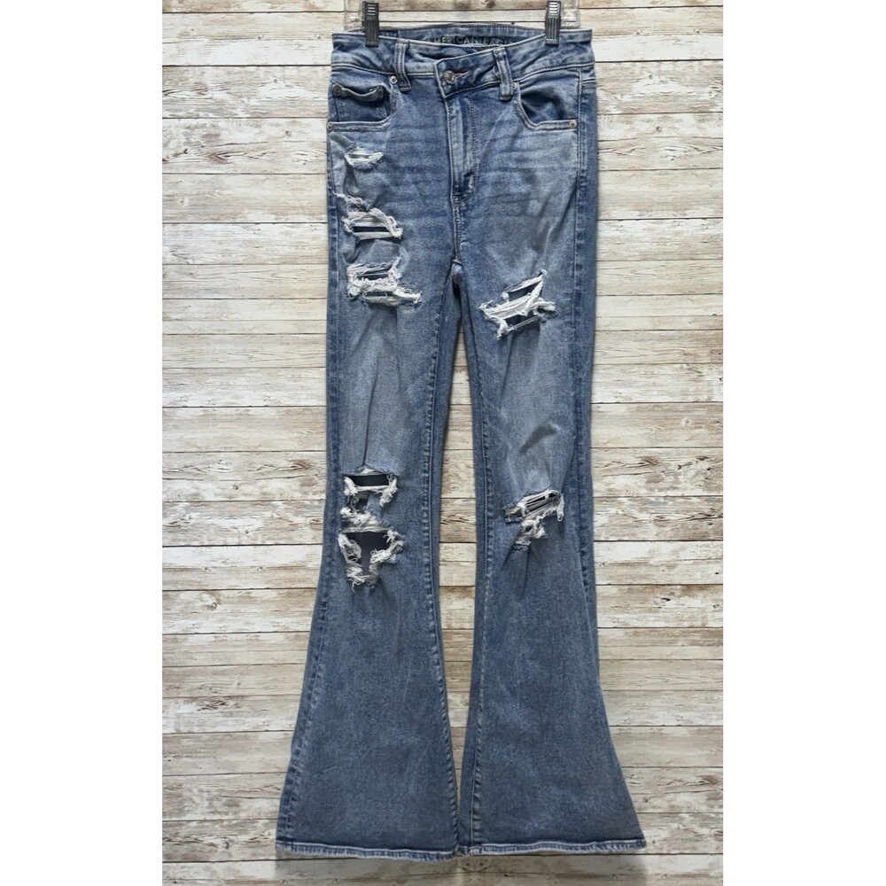 American Eagle Super High Rise Flare Jeans Womens 2 Long Distressed
